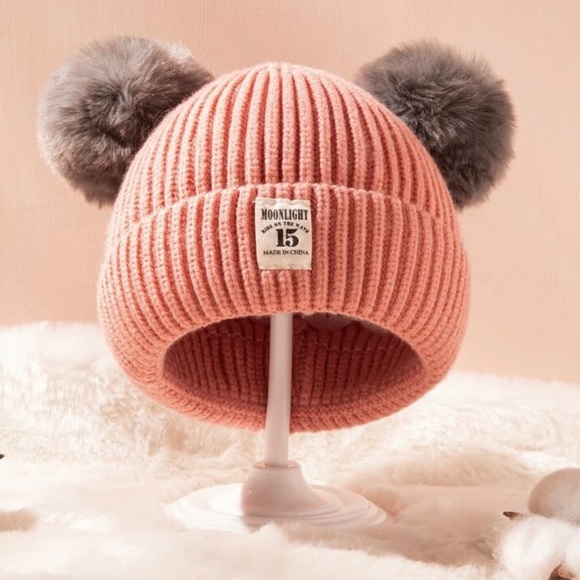 Pink  Toddler Double Pom Pom Beanie - Picture 1 of 3
